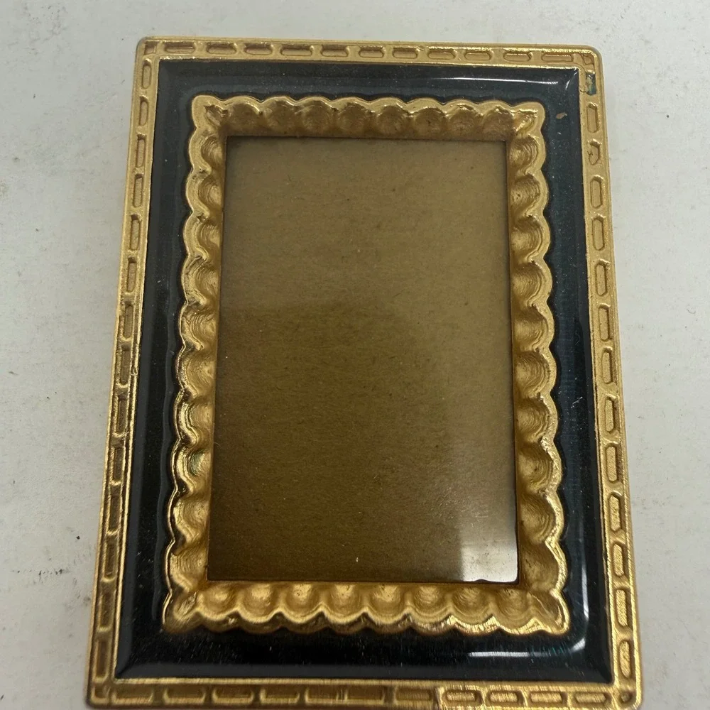Vintage Miniature Gold Scalloped Black Enamel Picture Frame Small Desk Decor